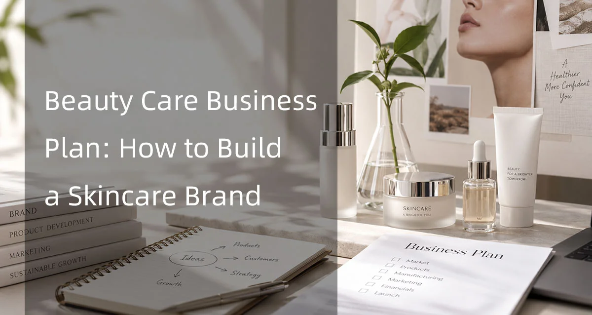 Skincare business planning materials with cosmetics, notebooks, business plan documents, and branded skincare products on a desk.